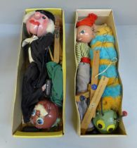Three Pelham puppets including caterpillar with box