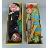 Three Pelham puppets including caterpillar with box