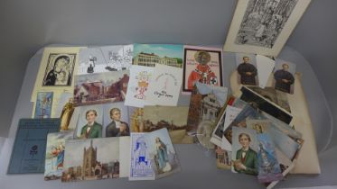 A collection of religious ephemera, including postcards, etc. and a Georgian plaque