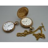 Two gold plated pocket watches, one Elgin with Albert chain