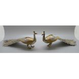 A pair of Spanish silver and gilt model peacocks with detailed feathers, 335g, length 21.5cm