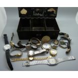 Assorted wristwatches including Favre Leuba in an old Navy tin (marked inside)