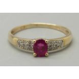 A 9ct gold, ruby and diamond ring, 1.4g, R