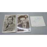 Two autographed postcards, Robert Montgomery and Dane Clark, and a Margot Fonteyn autograph