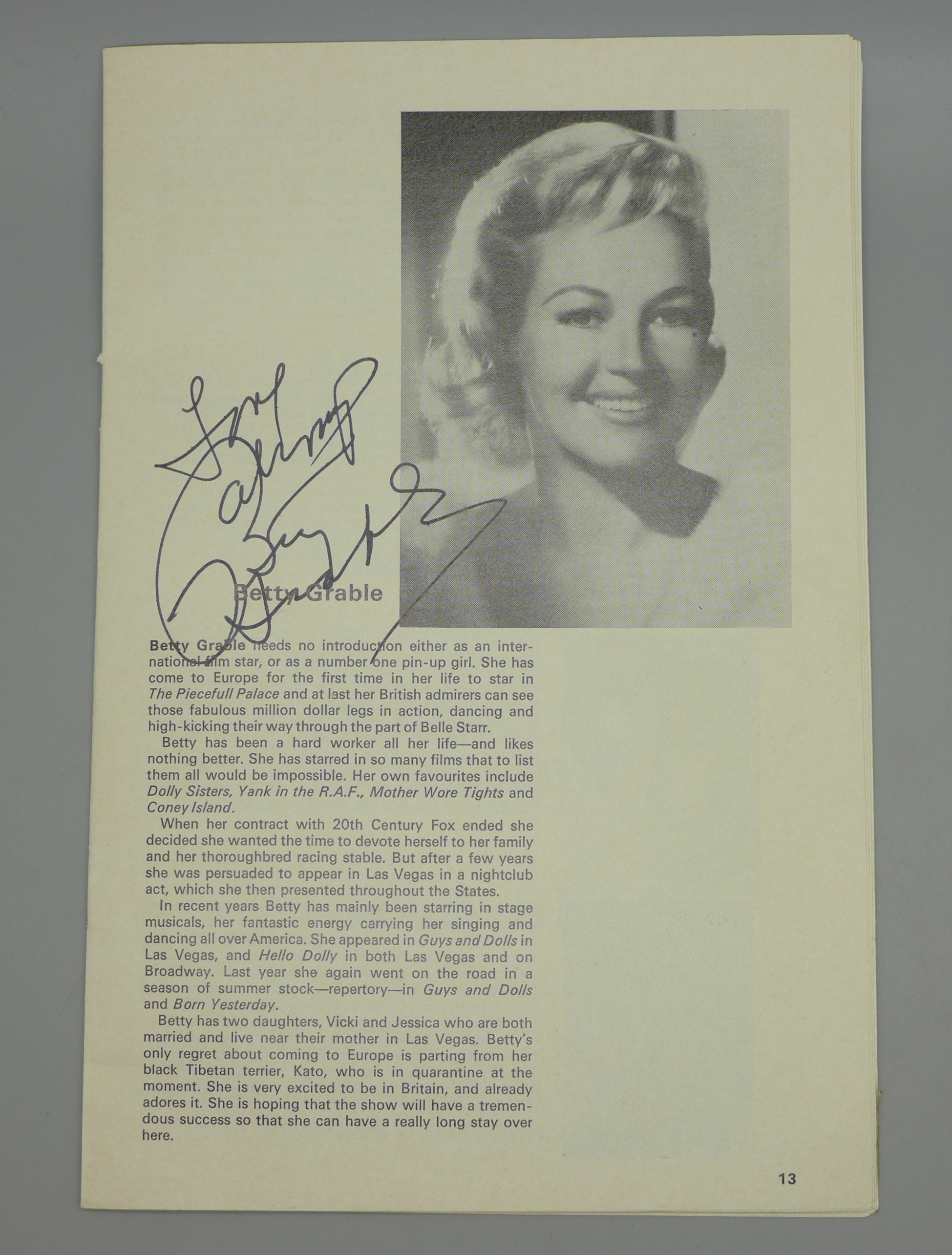 A Betty Grable autographed programme