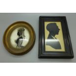 A Regency silhouette on convex glass and one other framed silhouette, oval frame 12.5cm wide