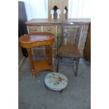 A carved beech chair, Victorian footstool and a kidney shaped side table