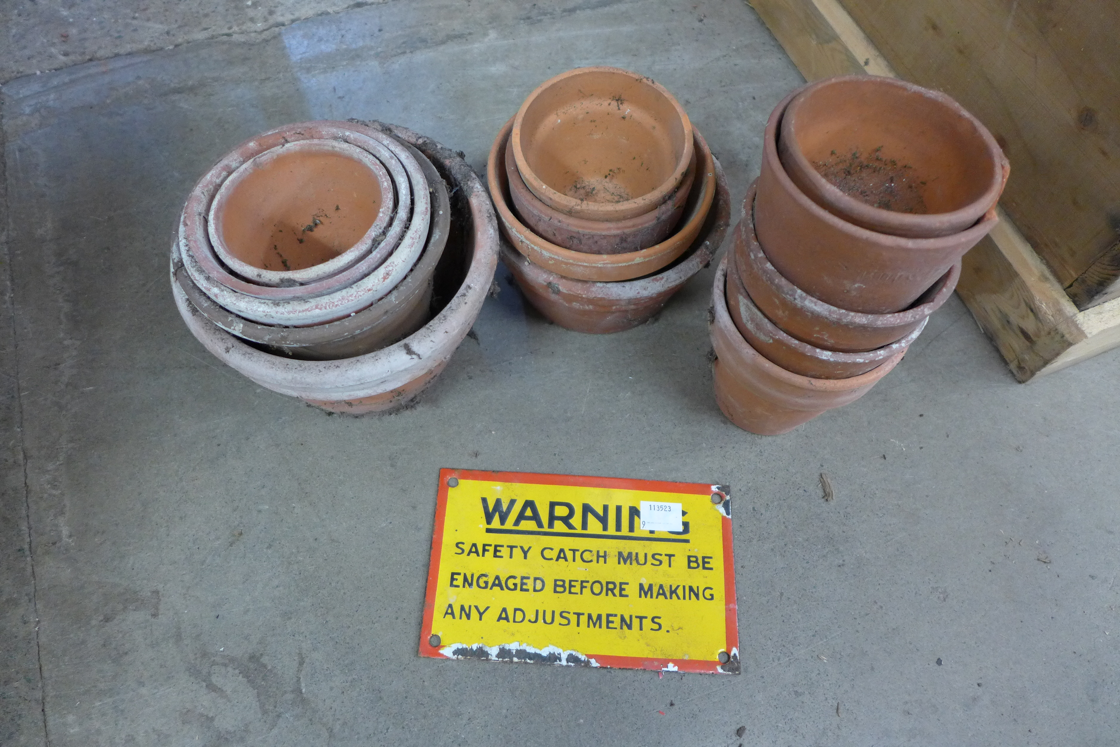 Four vintage enamelled railway signs and assorted small terracotta plant pots - Image 2 of 2
