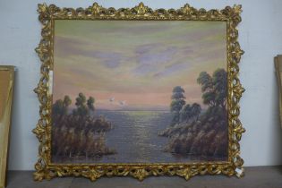 Jan Van Dijk lake scene, oil on canvas, framed