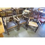 A pair of early 20th Century oak barleytwist carver chairs and a George III style elm spindle back