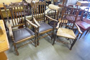 A pair of early 20th Century oak barleytwist carver chairs and a George III style elm spindle back