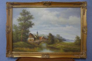 A river landscape with figure by a cottage , oil on canvas, unsigned, framed