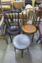 Two bentwood chairs and a stool