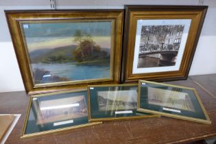 T. Wood, river landscape, oil, print of Amsterdam and three other prints