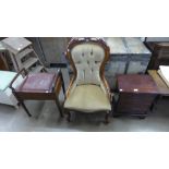 A small mahogany chest of drawers, piano stool and a mahogany and upholstered bedroom chair