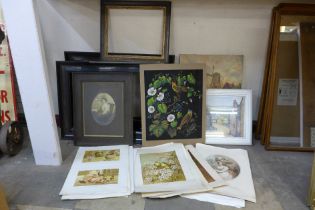 Assorted oil paintings, prints, picture frames, etc.