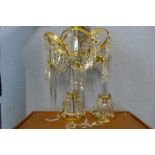 Three French style gilt metal and glass droplet hanging lights and pair of wall lights