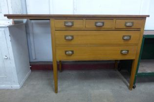 A pine and teak five drawer tailors bench