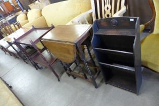 An oak barleytwist gateleg table and occasional table, an oak trolley and a newspaper stand
