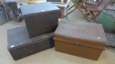 Two Victorian stained pine boxes and a tin trunk