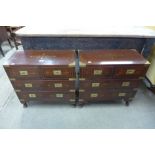 A pair of small eastern hardwood and brass inlaid campaign style chests of drawers