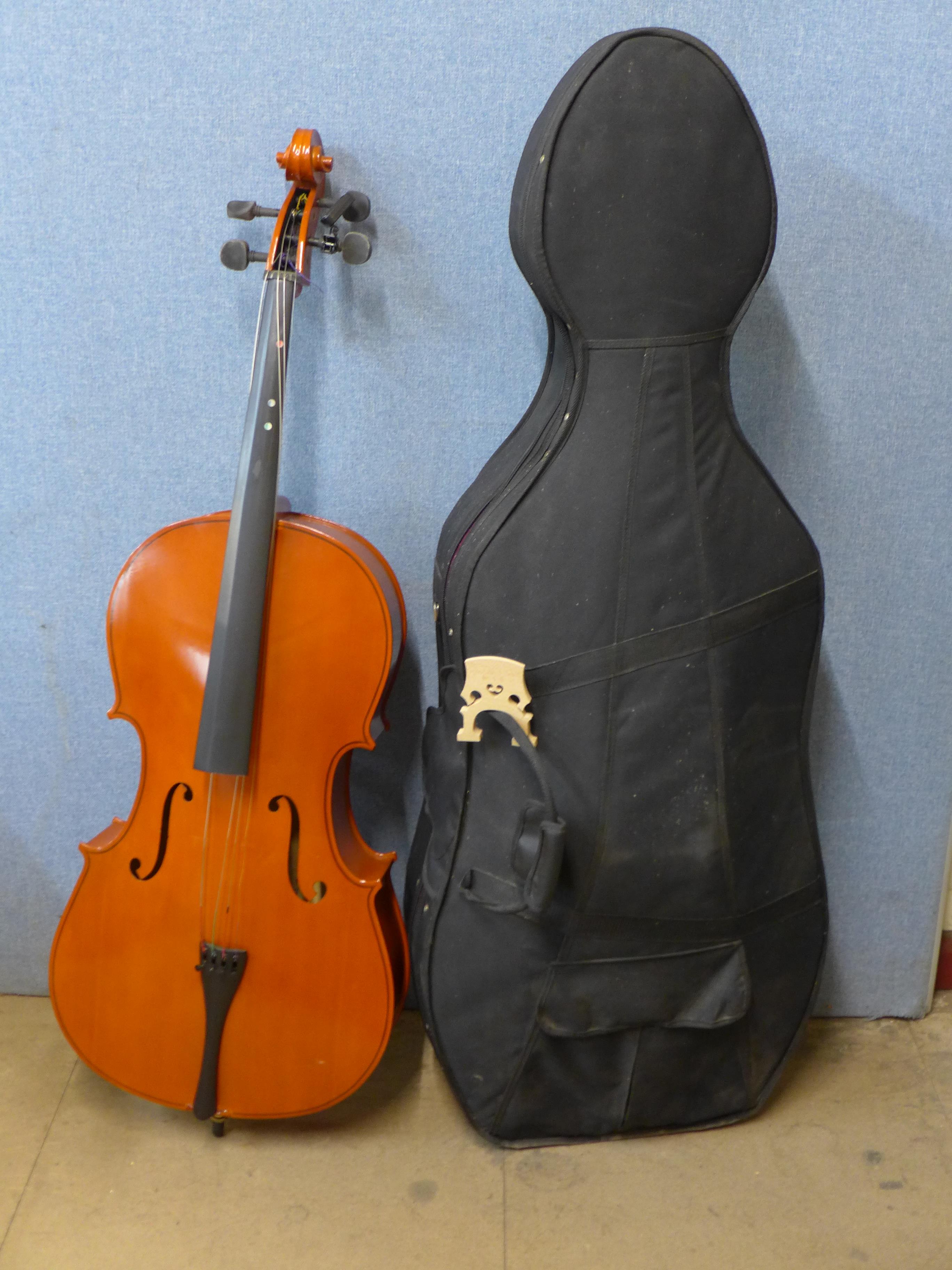 A cased cello and bow
