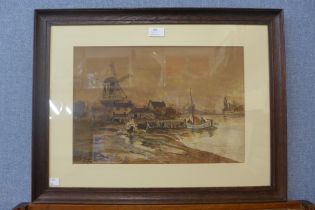 19th Century Dutch School, postmill and boat scene, watercolour, unsigned, framed