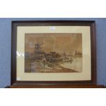 19th Century Dutch School, postmill and boat scene, watercolour, unsigned, framed
