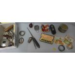 A plated box, napkin rings, and other metal wares etc.