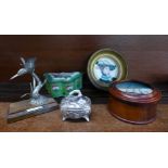 An enamelled butterfly trinket box, a painted enamel wall plaque, an Art nouveau trinket box, a