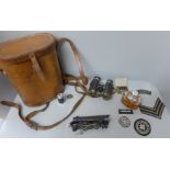 A pair of binoculars, cloth badges, a locomotive, a/f, a leather binoculars case, etc.
