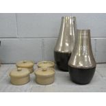 Four Moira Farmhouse Stoneware ramekins and two polished metal vases