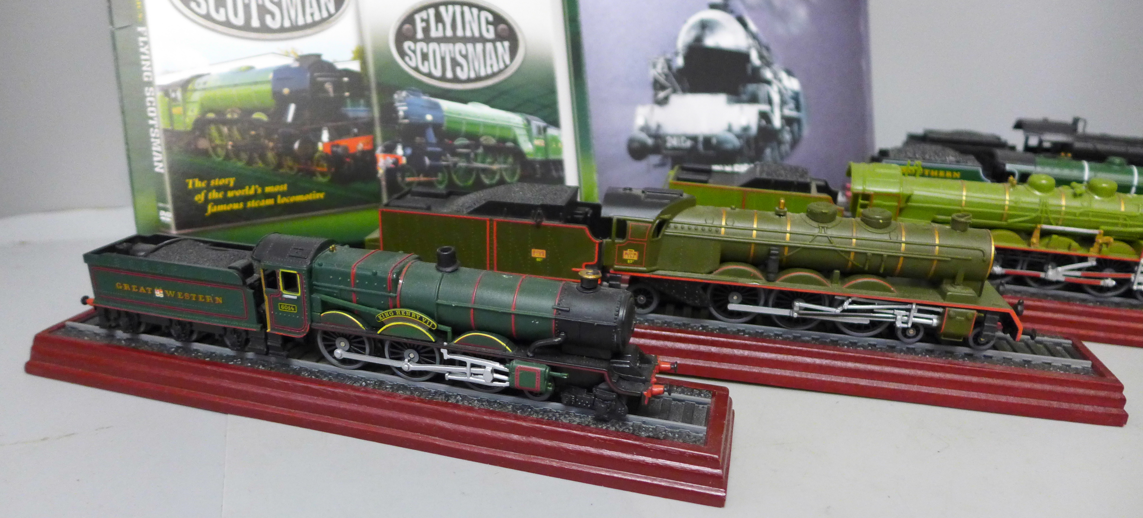 Six models of steam locomotives on wooden plinths and a Flying Scotsman DVD and book set - Image 2 of 3