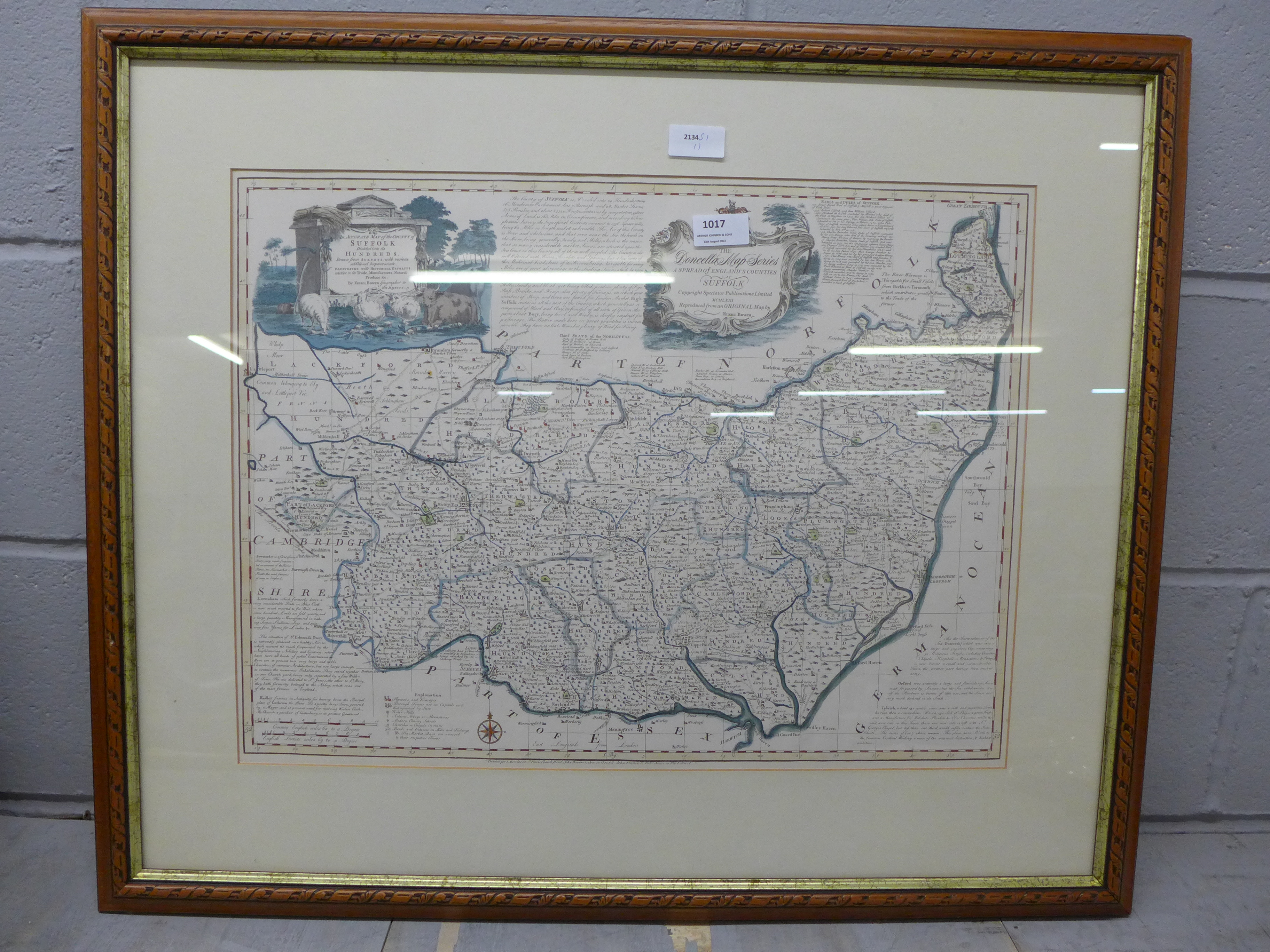 A map of Suffolk, framed