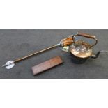 A Gamebird shooting stick, unused with tag, a copper kettle and a wooden cribbage board
