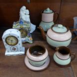 Two ceramic clocks and a Royal Worcester Moments Friendship figure and a Sadler tea service, tea