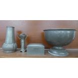 A collection of Tudric pewter, 0831 9" bowl, 01021 cedar lined box, 01431 vase and one other