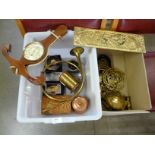 Assorted metalwares, two copper and brass caddies, a tea casket, plated cutlery, a brass horn,