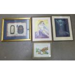 Two English School watercolours, a print and an Egyptian painting on papyrus **PLEASE NOTE THIS