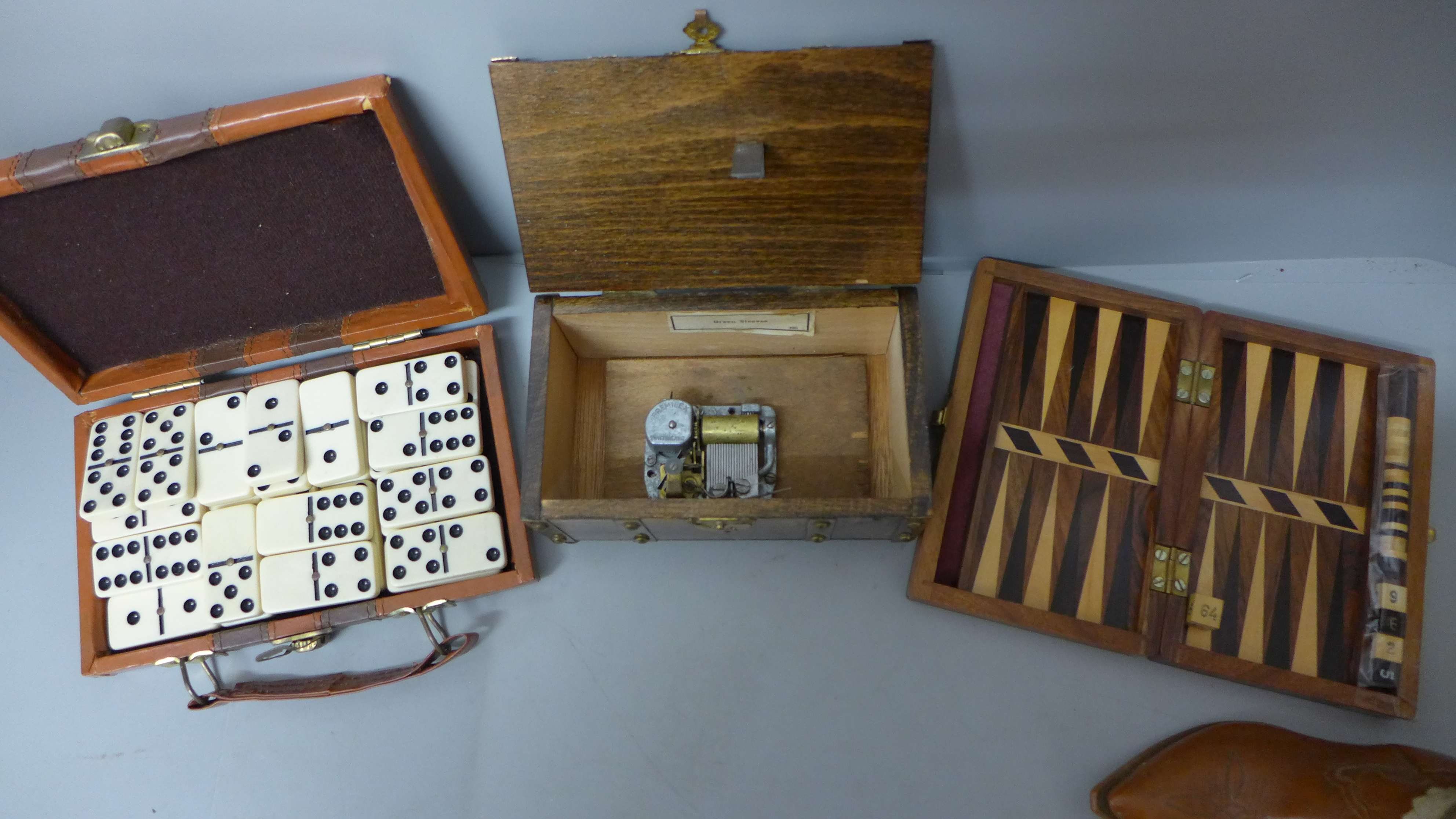 Travel dominoes, a musical box, travel backgammon and a small pair of leather cowboy boots - Image 2 of 2