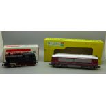 Two H0 model locomotives, one Austrian and one Hungarian, boxed