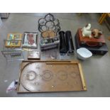 Assorted items; a wine rack, decorative items, briefcases and a bagatelle **PLEASE NOTE THIS LOT