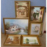 Six framed oil paintings