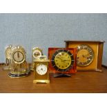 A mid 20th Century Smiths mantel clock, three small anniversary clocks, another mantel clock and a