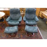 A pair of green leather swivel armchairs and stools