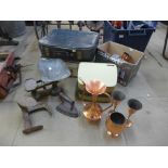 A set of vintage weighing scales, cobblers last, assorted copperware, cases, etc.