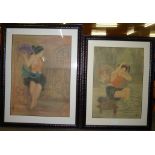 A pair of oriental silk paintings on linen, framed