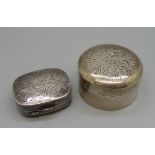 Two 925 silver pill boxes, with import marks, 55g, circular box 48mm in diameter