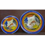 Two Moorland 'Huntley Cottage' plates, largest 27cm