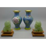 Two dogs of foe and two cloisonne vases, vases 13cm